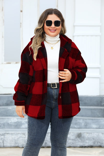 Plus Size Plaid Button Up Hooded Jacket