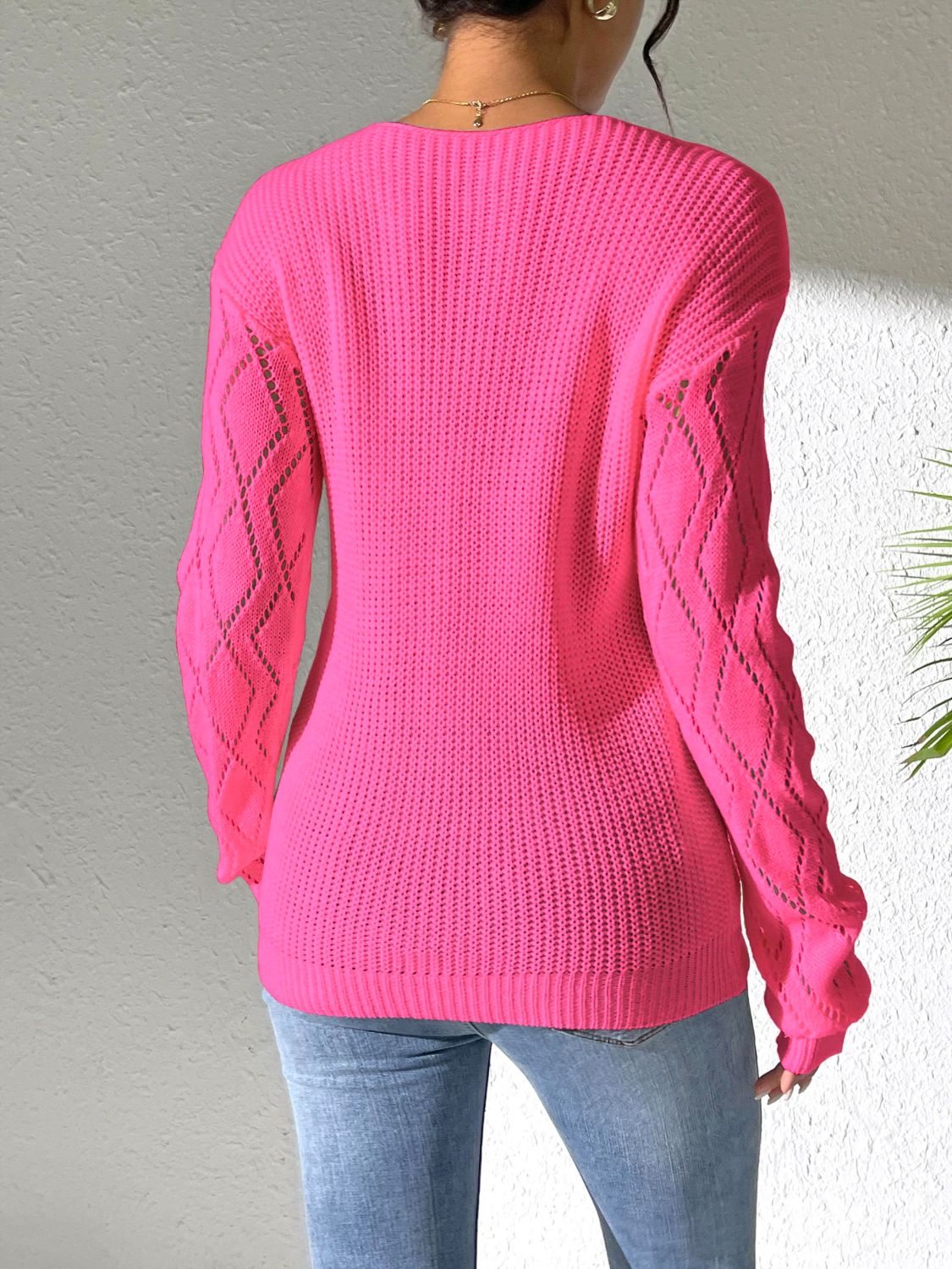 Openwork V-Neck Long Sleeve Sweater