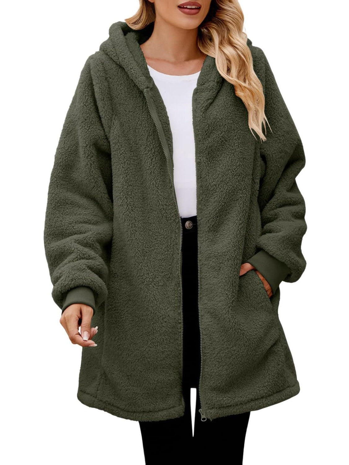 Fuzzy Pocketed Zip Up Long Sleeve Hooded Jacket