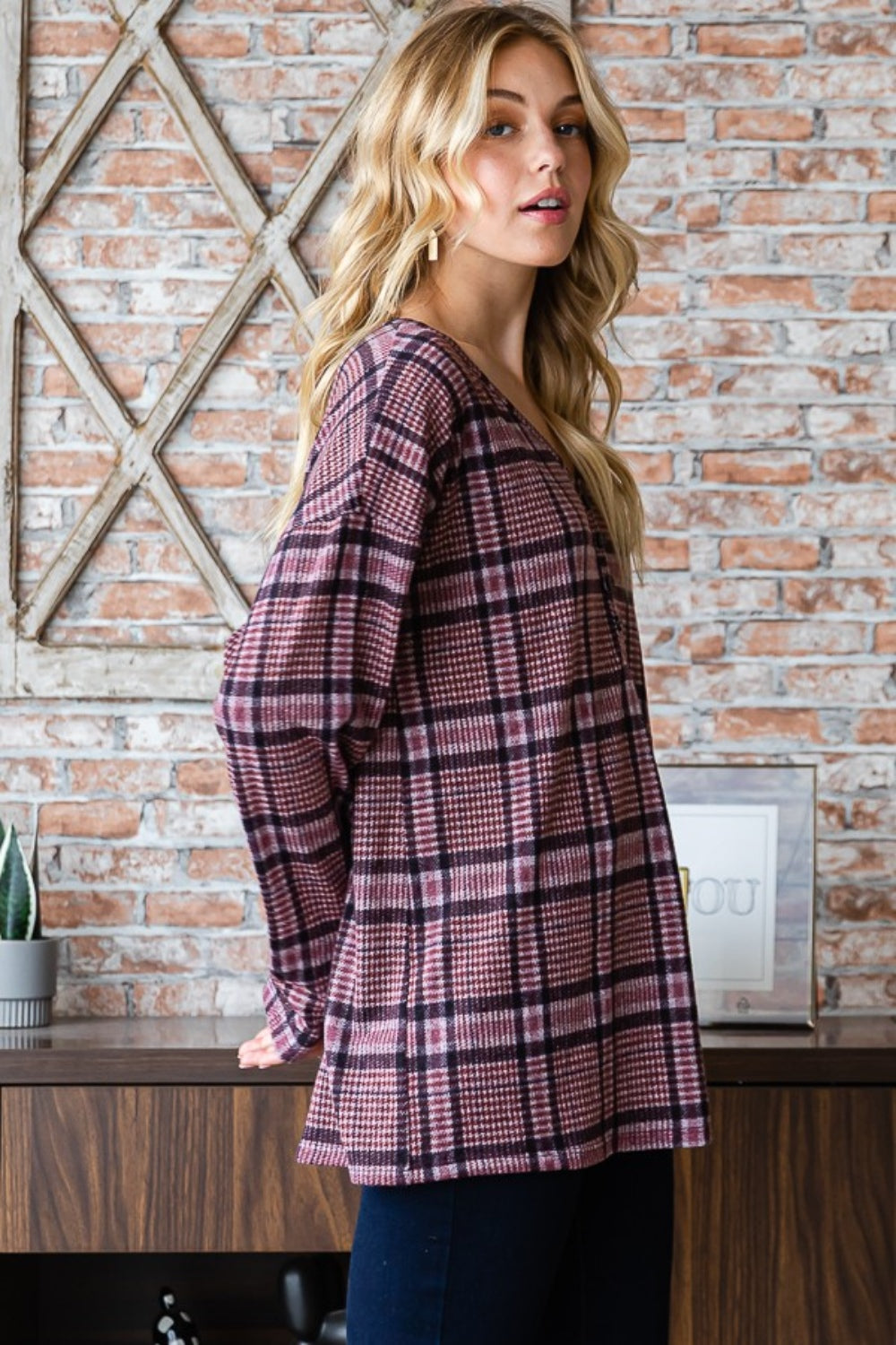 Heimish Full Size Plaid V-Neck Long Sleeve Top