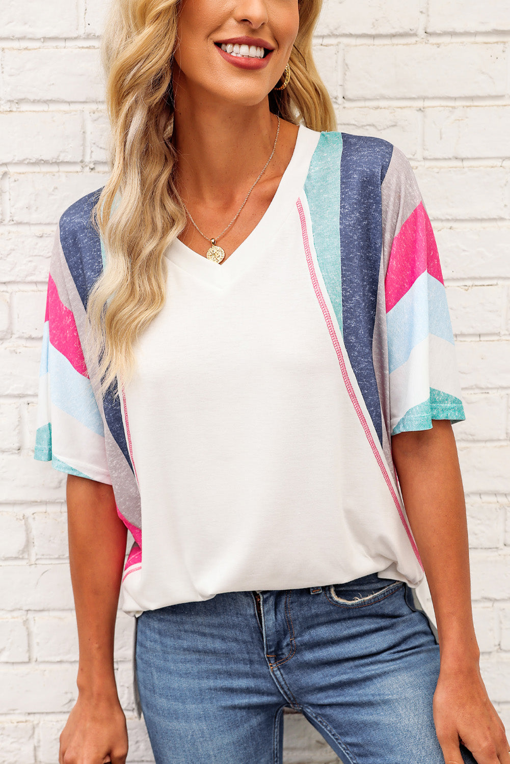 Rainbow Stripe Slit V-Neck T-Shirt