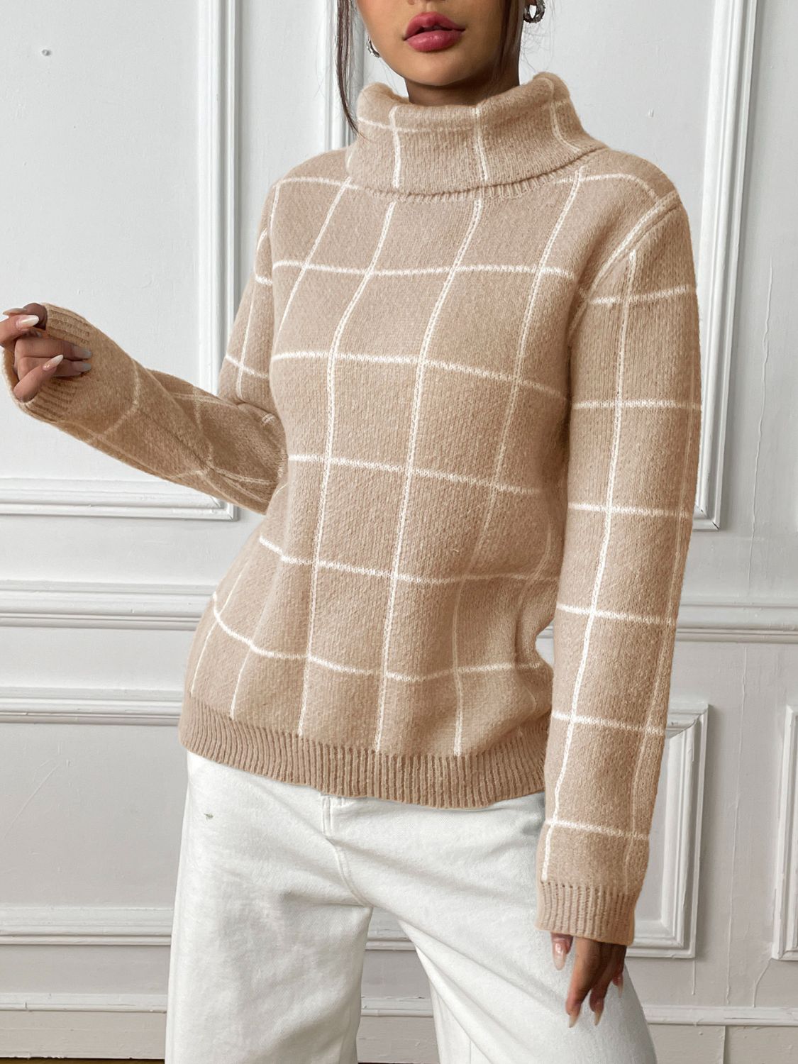 Plaid Turtleneck Long Sleeve Sweater