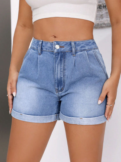 Rolled Hem Mid-Rise Waist Denim Shorts