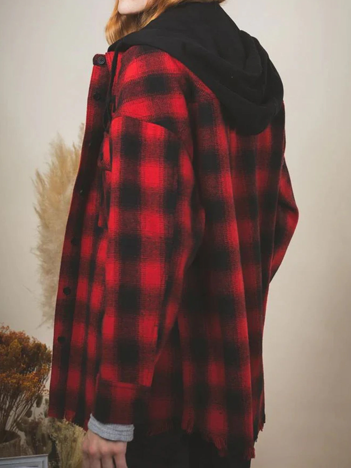 Raw Hem Plaid Long Sleeve Hooded Jacket