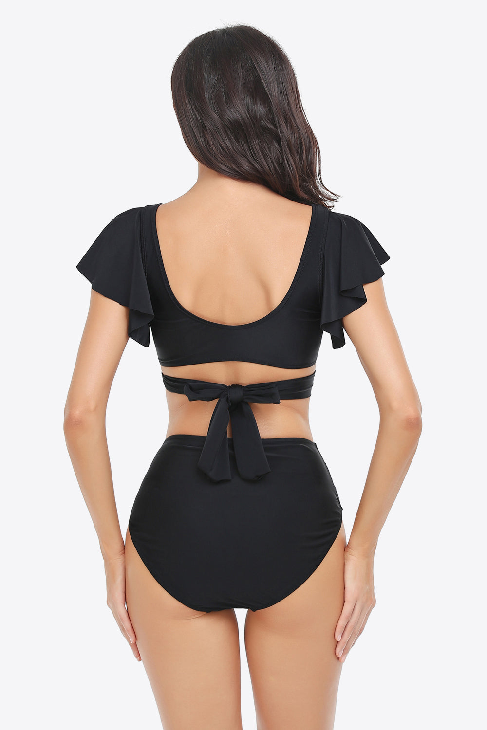 Two-Tone Flutter Sleeve Tied Two-Piece Swimsuit