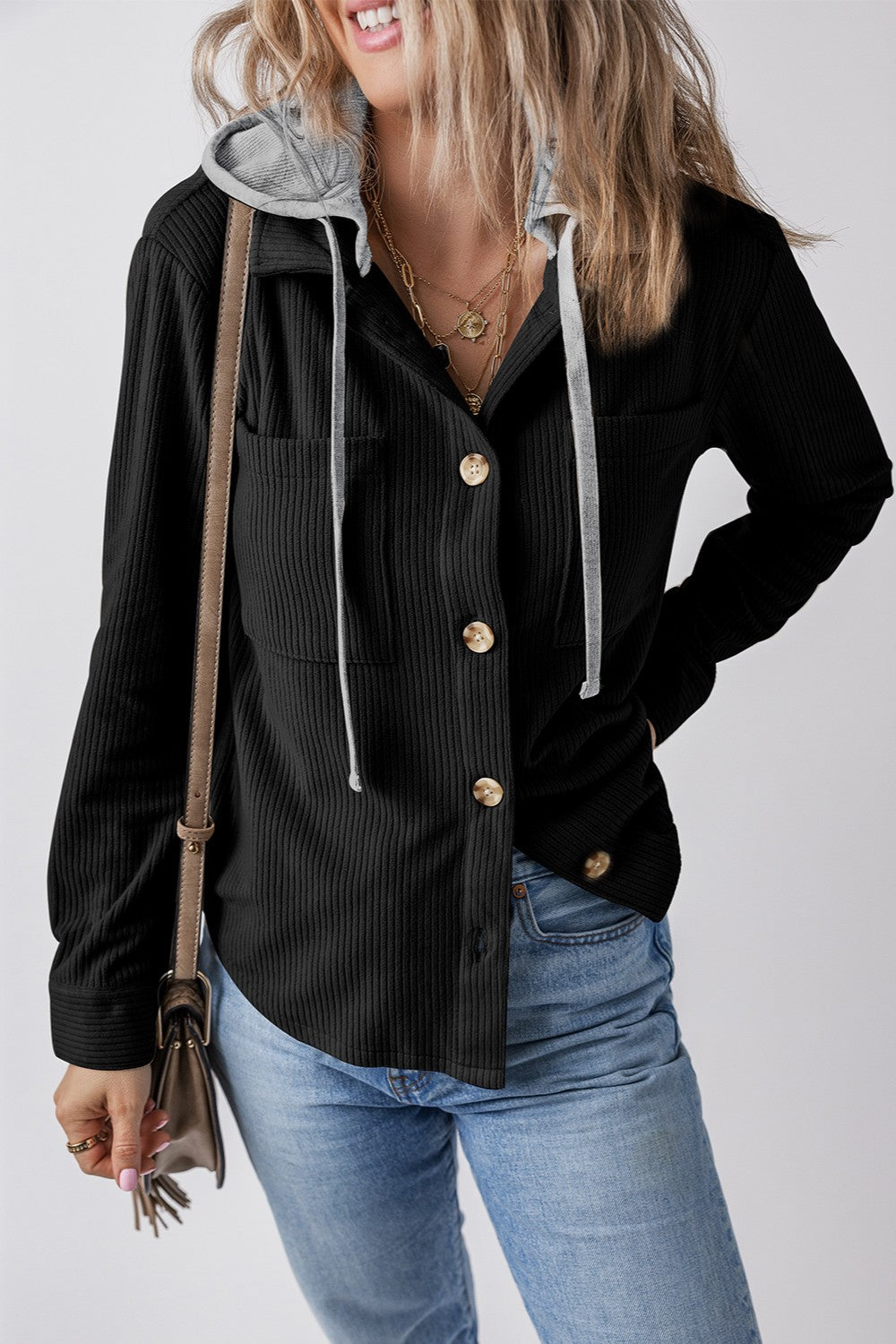 Drawstring Button Up Long Sleeve Hooded Jacket