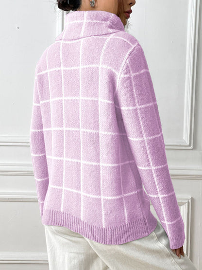 Plaid Turtleneck Long Sleeve Sweater