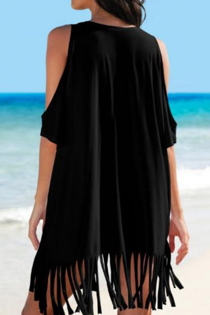 Fringe V-Neck Cold Shoulder Cover Up