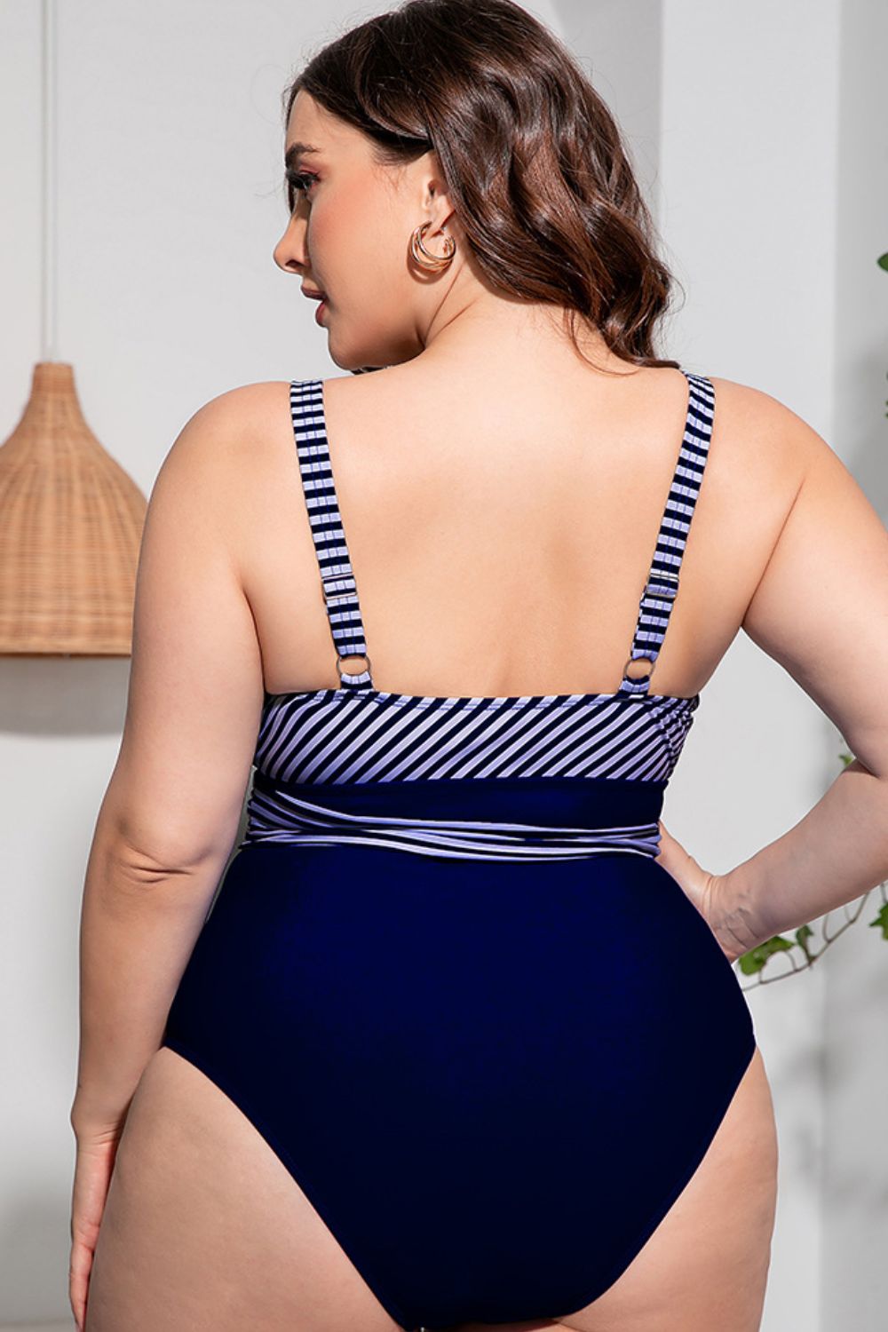 Plus Size Striped Tie Waist One Piece Swimsuit Exes Zees