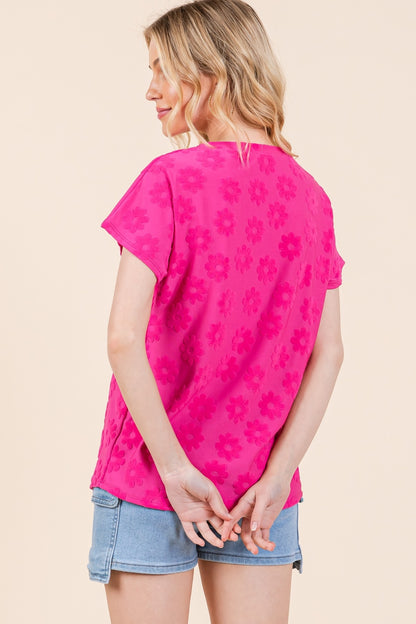 BOMBOM Textured Floral Pattern Short Sleeve T-Shirt