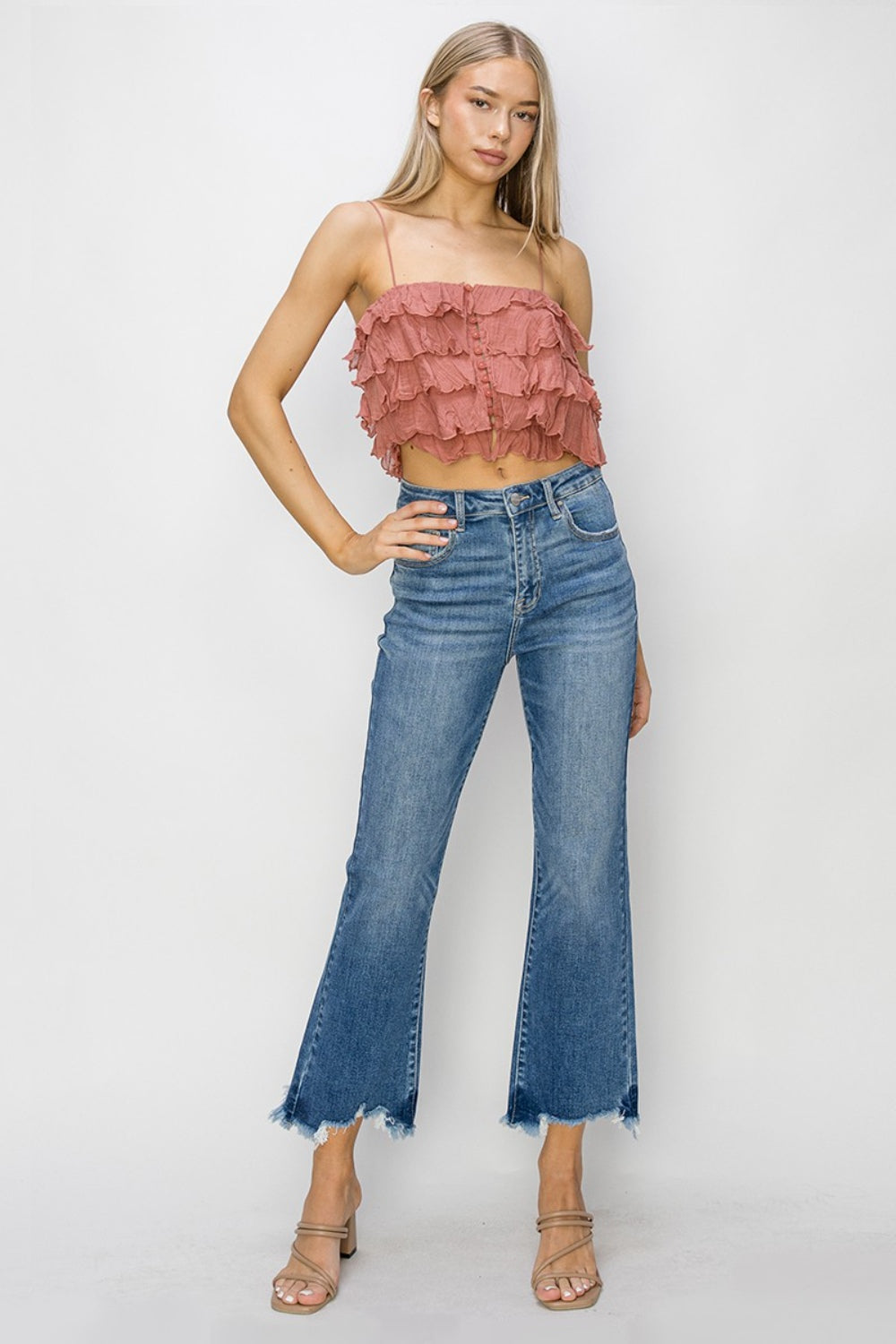 RISEN High Waist Raw Hem Flare Jeans