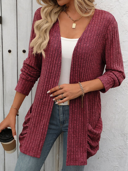 Open Front Long Sleeve Ribbed Cardigan