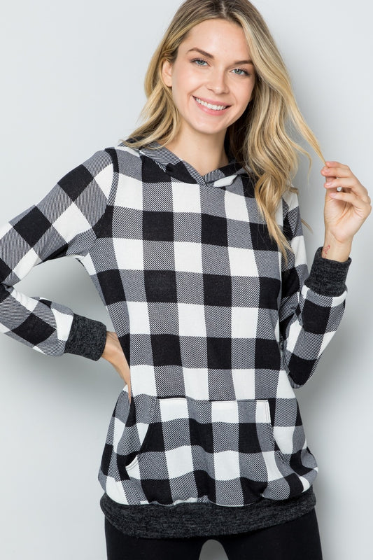 Celeste Full Size Contrast Plaid Long Sleeve Hoodie