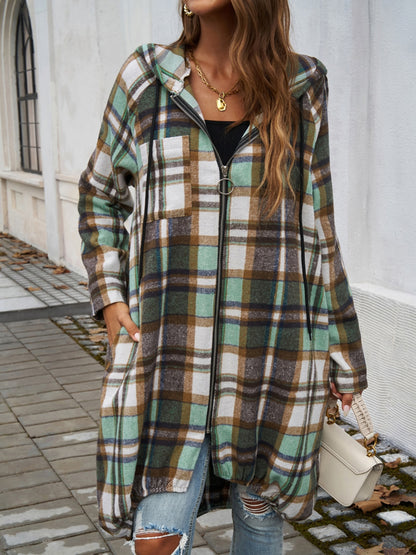 Plaid Zip Up Hooded Coat