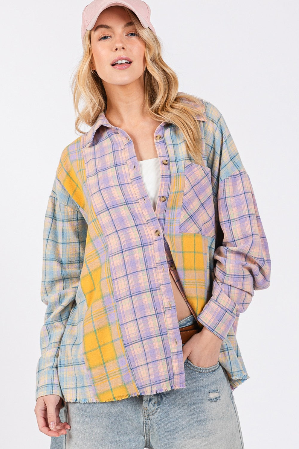 SAGE + FIG Button Up Raw Hem  Plaid Flannel Shirt