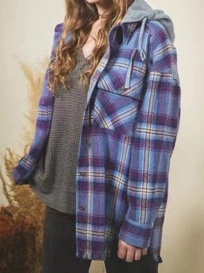 Raw Hem Plaid Long Sleeve Hooded Jacket